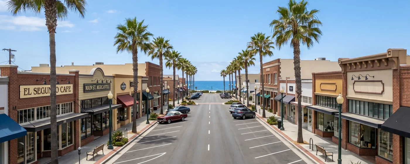 Buy a home in El Segundo CA — get 1% cash back at closing El Segundo charming Main Street with classic storefronts, palm trees, and Pacific Ocean view — Portfolio Home Realty buyer agent