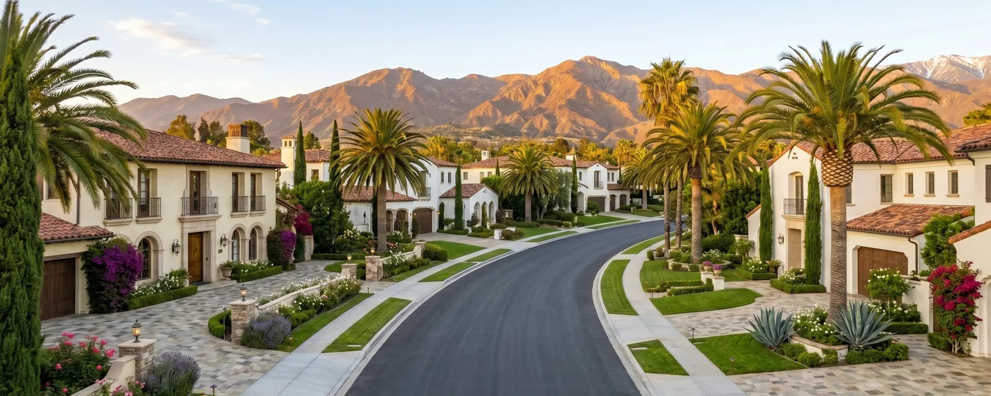 Buy a home in Lake Forest CA — get 1% cash back at closing Lake Forest tree-lined residential street with Spanish style homes and Saddleback Mountains backdrop — Portfolio Home Realty buyer agent