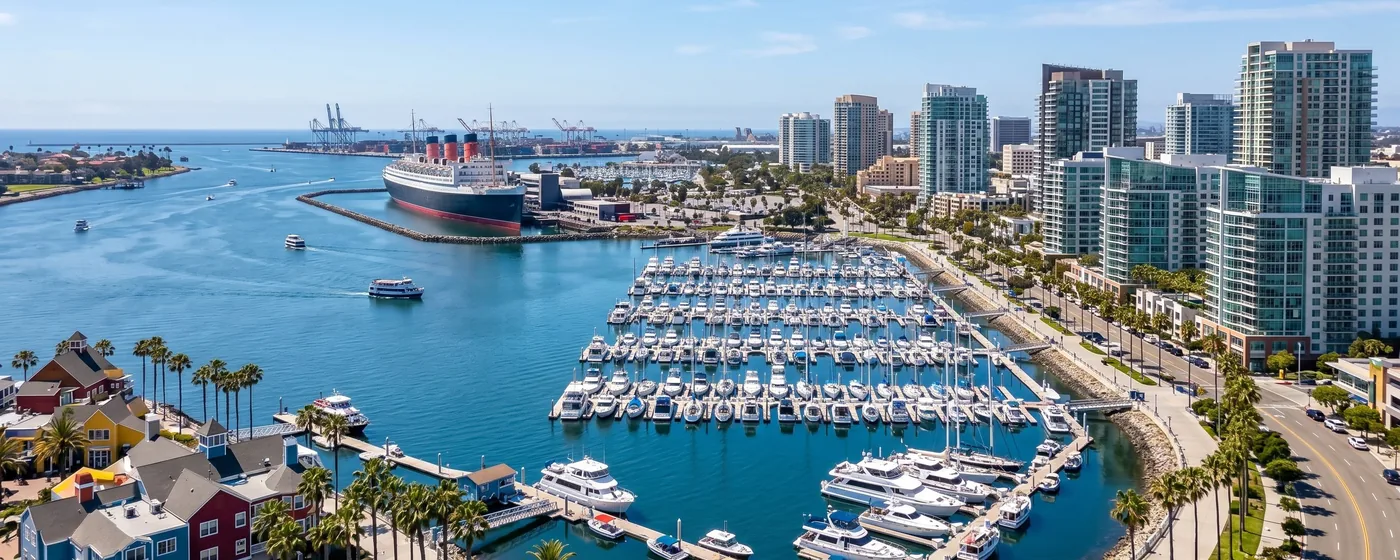 Buy a home in Long Beach CA — get 1% cash back Long Beach waterfront skyline with Queen Mary ship and modern condos along the harbor — Portfolio Home Realty buyer agent
