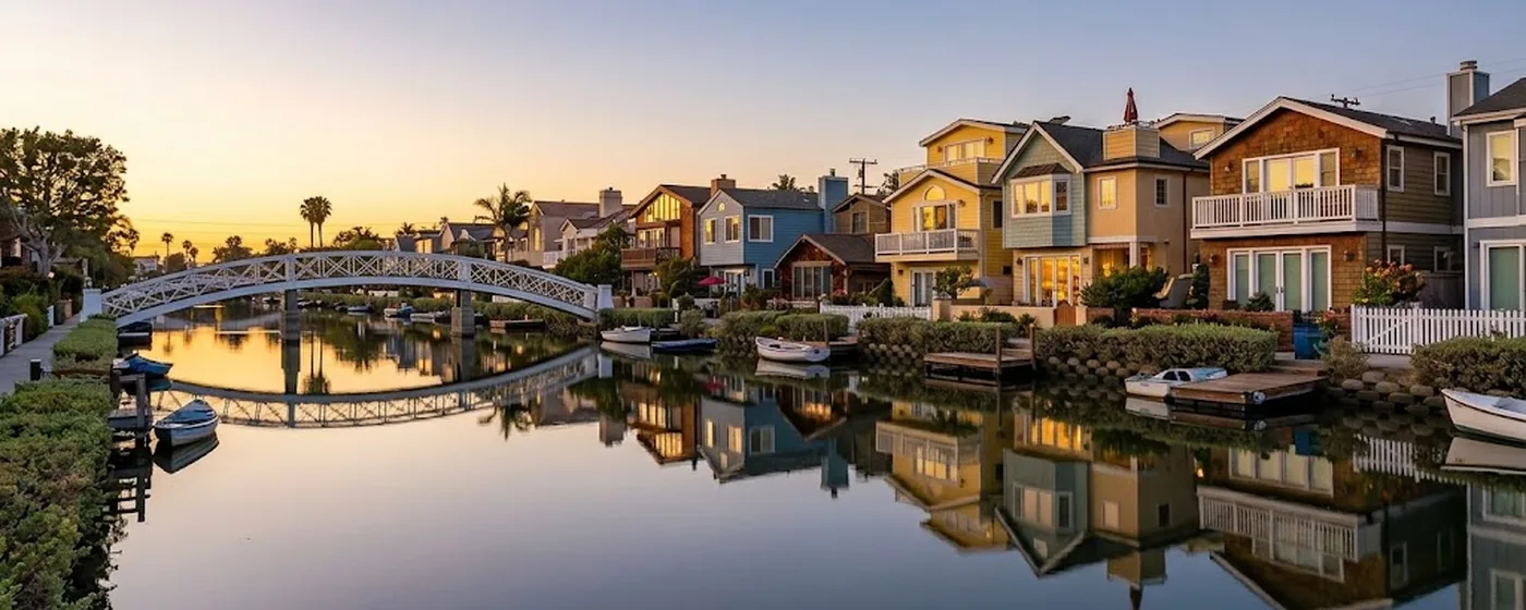 Buy a home in Venice CA — get 1% cash back at closing Venice Beach canals at sunset with colorful canal cottages reflected in still water — Portfolio Home Realty buyer agent